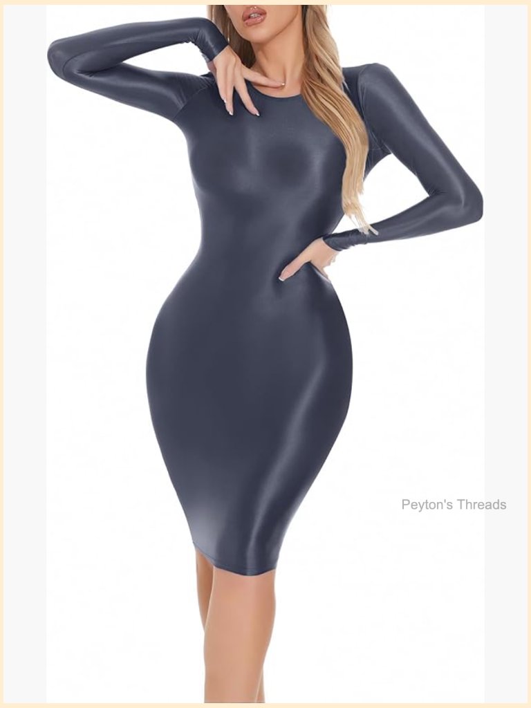 Women Sheer Bodycon Dress Shiny Glossy Metallic Dress Silky Tight Pencil Dress